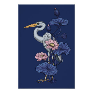 Heron in the Pink Lotus Garden on delpht blue Poster