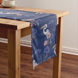 Heron in the Pink Lotus Garden on delpht blue Short Table Runner