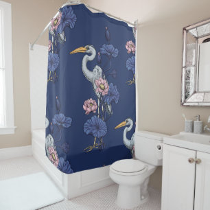 Heron in the Pink Lotus Garden on delpht blue Shower Curtain