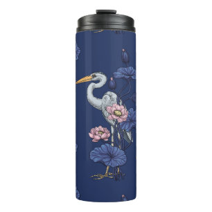 Heron in the Pink Lotus Garden on delpht blue Thermal Tumbler