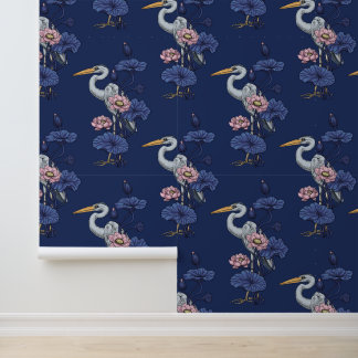 Heron in the Pink Lotus Garden on delpht blue Wallpaper