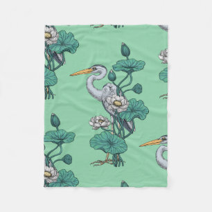 Heron in the White Lotus Garden on jade Fleece Blanket