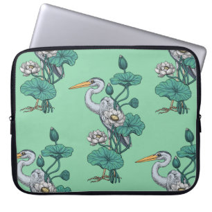 Heron in the White Lotus Garden on jade Laptop Sleeve