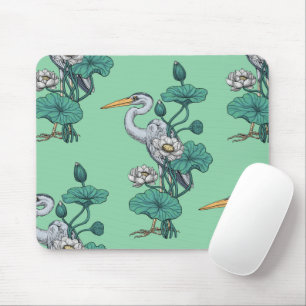 Heron in the White Lotus Garden on jade Mouse Pad