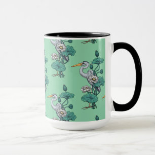 Heron in the White Lotus Garden on jade Mug