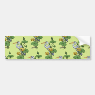Heron in the Yellow Lotus Garden on honey dew Bumper Sticker