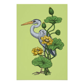 Heron in the Yellow Lotus Garden on honey dew Poster