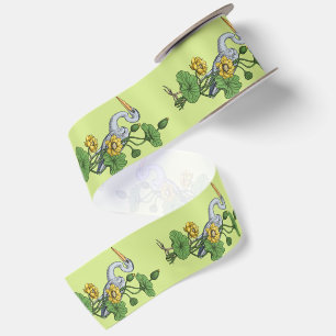 Heron in the Yellow Lotus Garden on honey dew Satin Ribbon