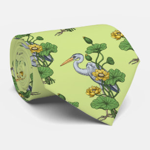 Heron in the Yellow Lotus Garden on honey dew Tie