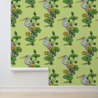 Heron in the Yellow Lotus Garden on honey dew Wallpaper