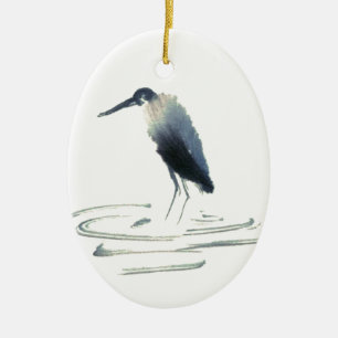 Heron Meditation, Sumi-e Great Blue Heron Ceramic Ornament