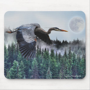 Heron, Misty Forest & Full Moon Mouse Pad