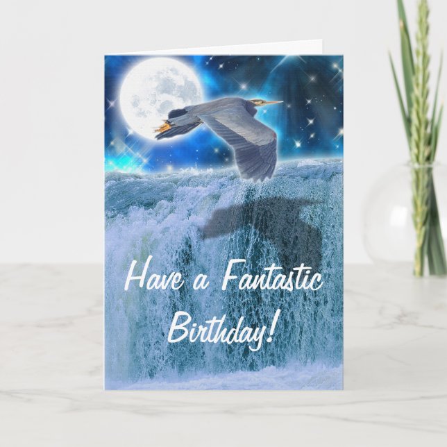 Heron, Moon & Waterfall Fantasy Birthday Card (Front)