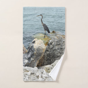 Heron On Rocks At The Beach Hand Towel