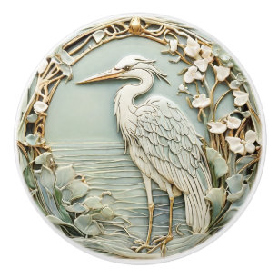 Heron Sea Bird Art Nouveau Faux Relief Left Mint Ceramic Knob