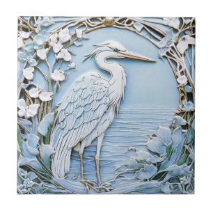 Heron Sea Bird Art Nouveau Faux Relief Right Blue Ceramic Tile