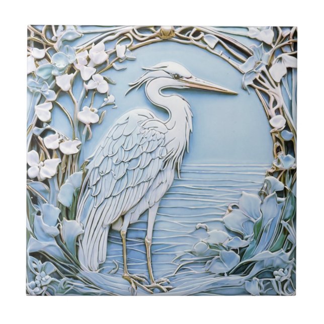 Heron Sea Bird Art Nouveau Faux Relief Right Blue Ceramic Tile (Front)