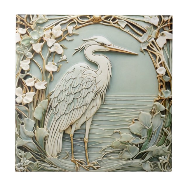 Heron Sea Bird Art Nouveau Faux Relief Right Mint Ceramic Tile (Front)