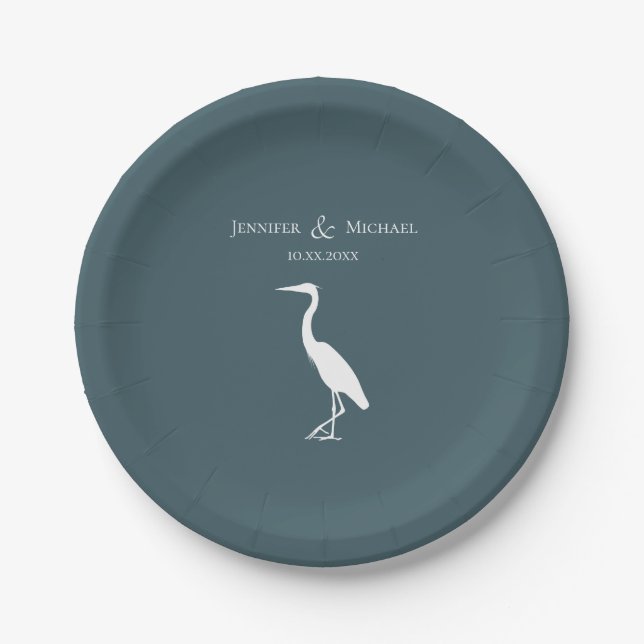 heron silhouette white on dark teal blue simple paper plate (Front)