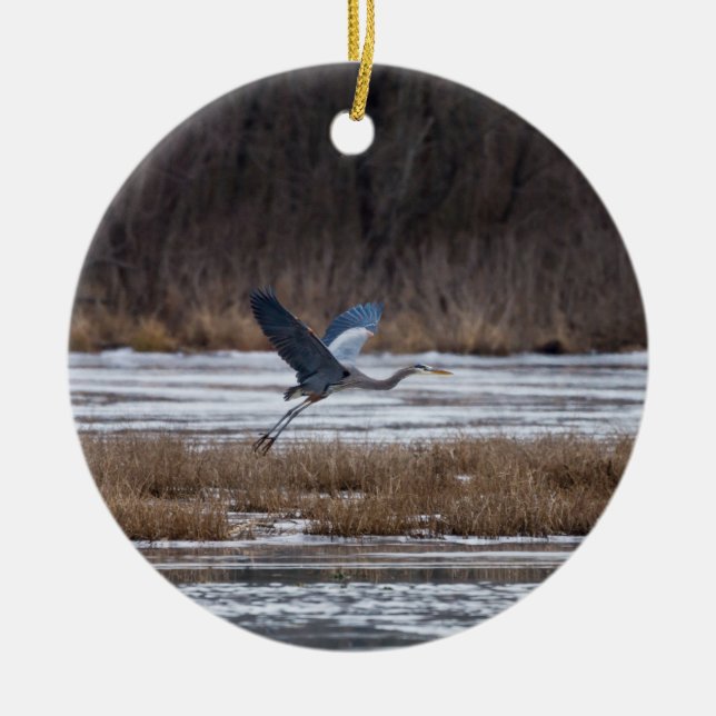 Heron Take Off Ceramic Tree Decoration (Front)