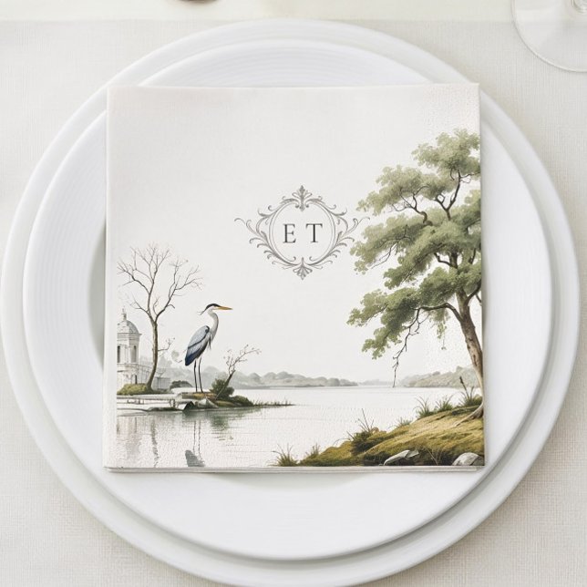 Heron Toile French Country Monogram Paper Napkin (Creator Uploaded)