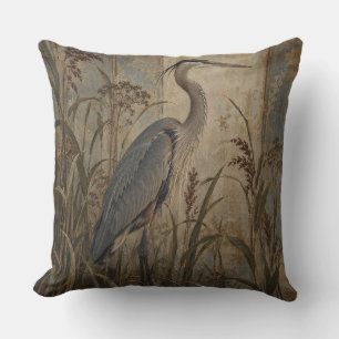 Heron Vintage Blue Grey Bird Botanical Cushion