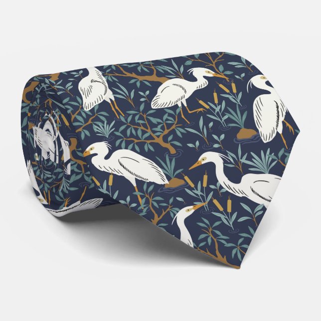 Heron water pond - navy - great egret bird tie (Rolled)