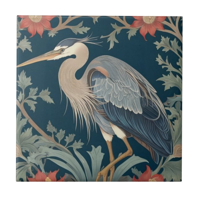 Heron William Morris style Left Sea Marine Bird Ceramic Tile (Front)