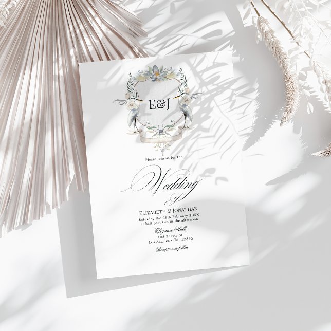 Herons Monogram Crest Elegant Lake Wedding Invitation (Herons Monogram Crest Elegant Lake Wedding Invitation)