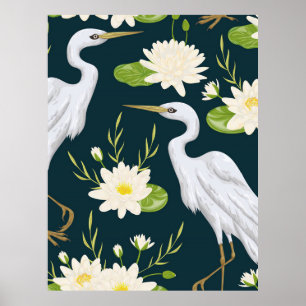 Herons White Lily Green Foliage Watery Landscape   Poster