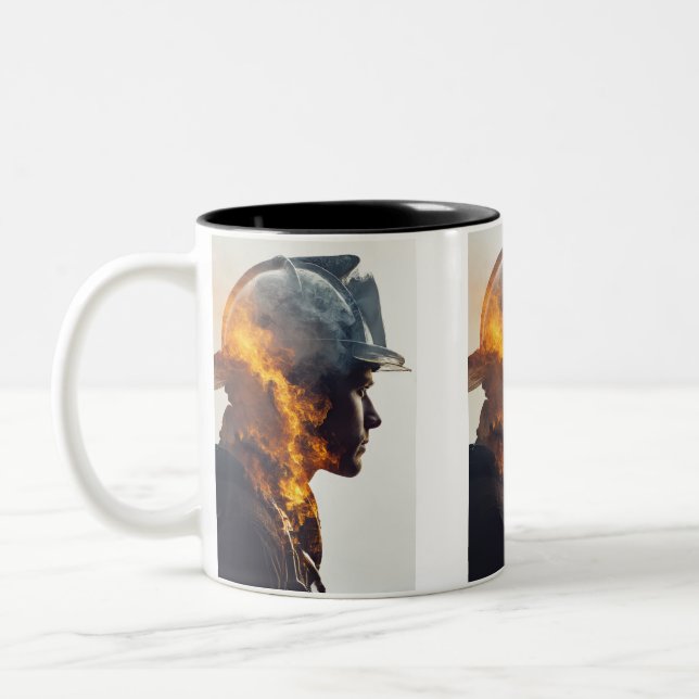 Hero's Heart: Firefighter Flame Portrait Two-Tone Coffee Mug (Left)