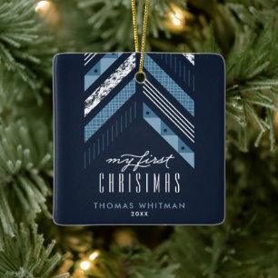 Herringbone Band 1st Christmas Ornament - Blue