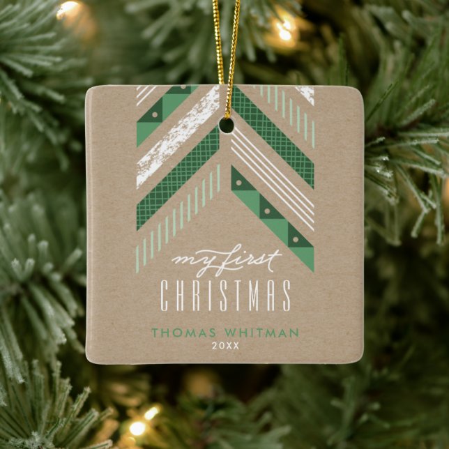 Herringbone Band 1st Christmas Ornament - Green (Tree)