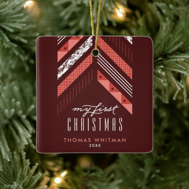 Herringbone Band 1st Christmas Ornament - Red (Tree)