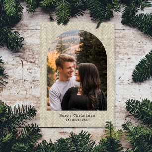 Herringbone Beige Tweed Christmas Photo Arch Holiday Card