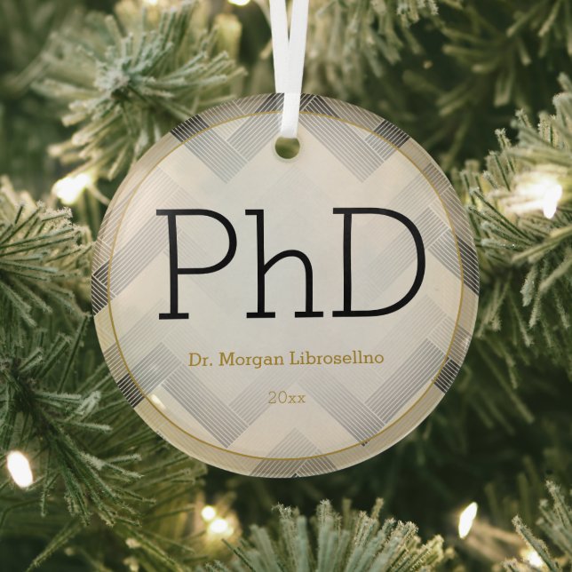 Herringbone Black Tan PhD Graduation Name Glass Tree Decoration (Insitu)