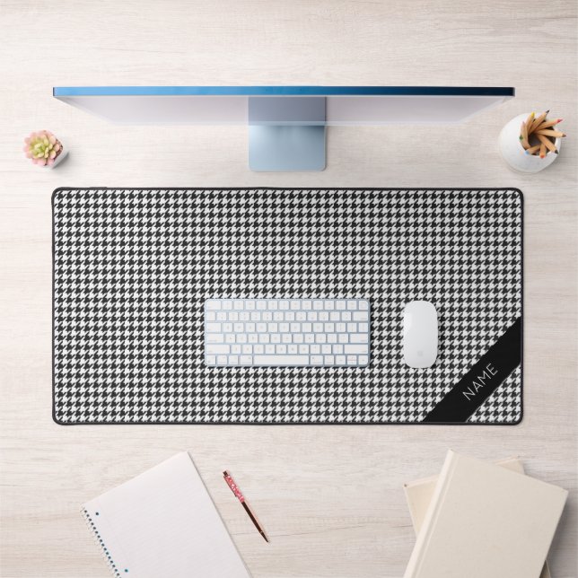 Herringbone Black White NAME Classic Preppy Desk Mat (Office 1)