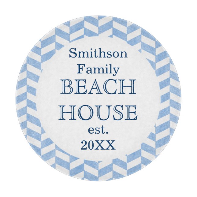 Herringbone Blue White Beach House Custom Cutting Board (Front)