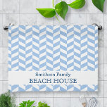 Herringbone Blue White Beach House Custom Tea Towel<br><div class="desc">This pretty, personalised beach house design has a lightly textured blue-and-white herringbone pattern. Easily add your personal details to the templates and they will appear at both ends of the towel. You can even change "beach house" to "summer home, " "lake house" or any other wording you'd like. This modern,...</div>