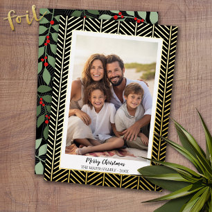 Herringbone Gold Border - Black Botanicals - Photo Foil Holiday Card