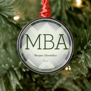Herringbone Green White MBA Graduation Name Year Metal Ornament