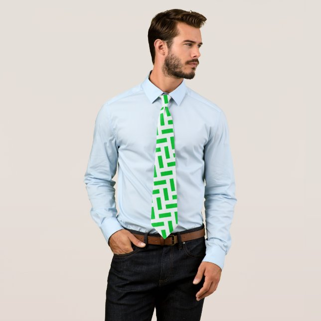 Herringbone Green White Minimal Pattern Tie (In Situ)