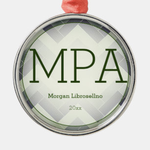 Herringbone Green White Name MPA Graduation Metal Ornament