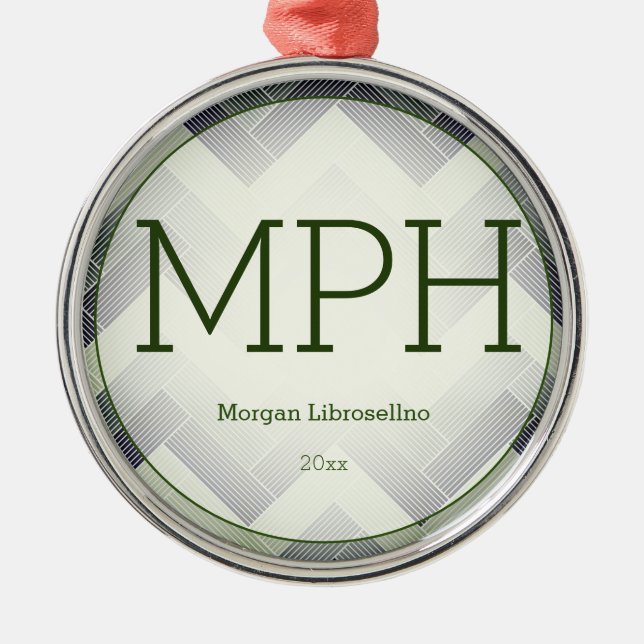 Herringbone Green White Name MPH Graduation Metal Ornament (Front)