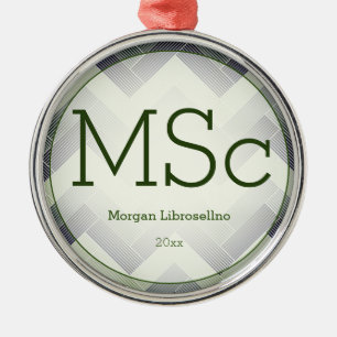 Herringbone Green White Name MSc Graduation Metal Ornament