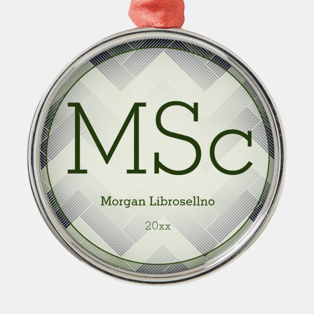 Herringbone Green White Name MSc Graduation Metal Ornament (Front)