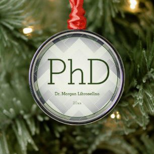 Herringbone Green White PhD Graduation Name Year Metal Ornament