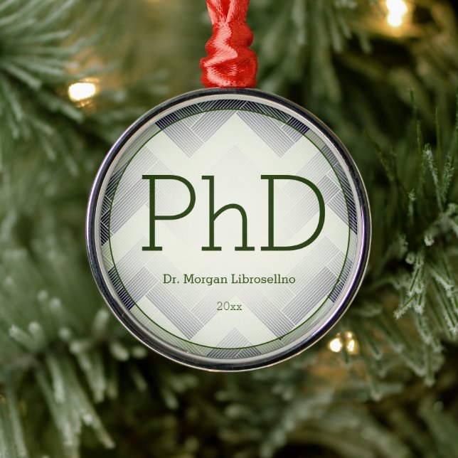 Herringbone Green White PhD Graduation Name Year Metal Ornament (Tree)