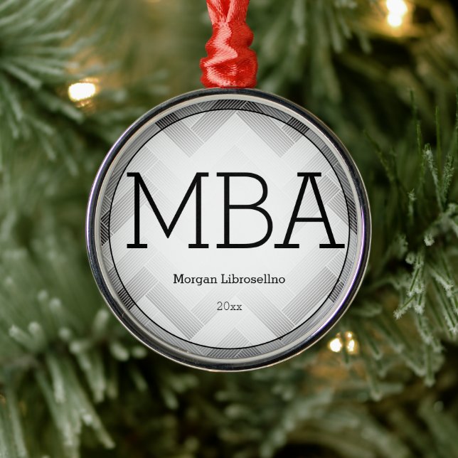 Herringbone Grey Black MBA Graduation Name Year Metal Ornament (Tree)