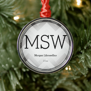 Herringbone Grey Black MSW Graduation Name Year Metal Ornament